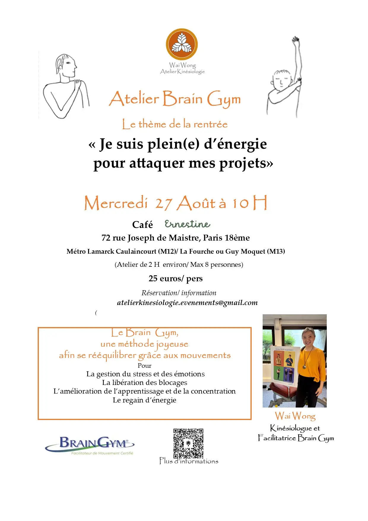 atelier brain gym, kinésiologue, kinésiologie, énergie, projet, procrastination, ernestine café, paris, paris 18